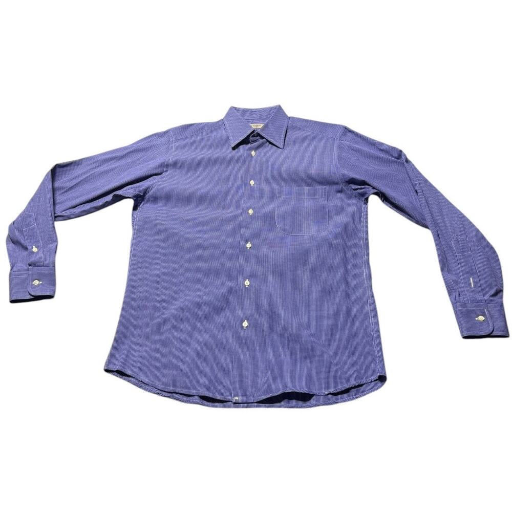 Burberry London Button-Up Dress Shirt Men's 15 Blue White Micro-Check Curved Hem - Picture 2 of 14